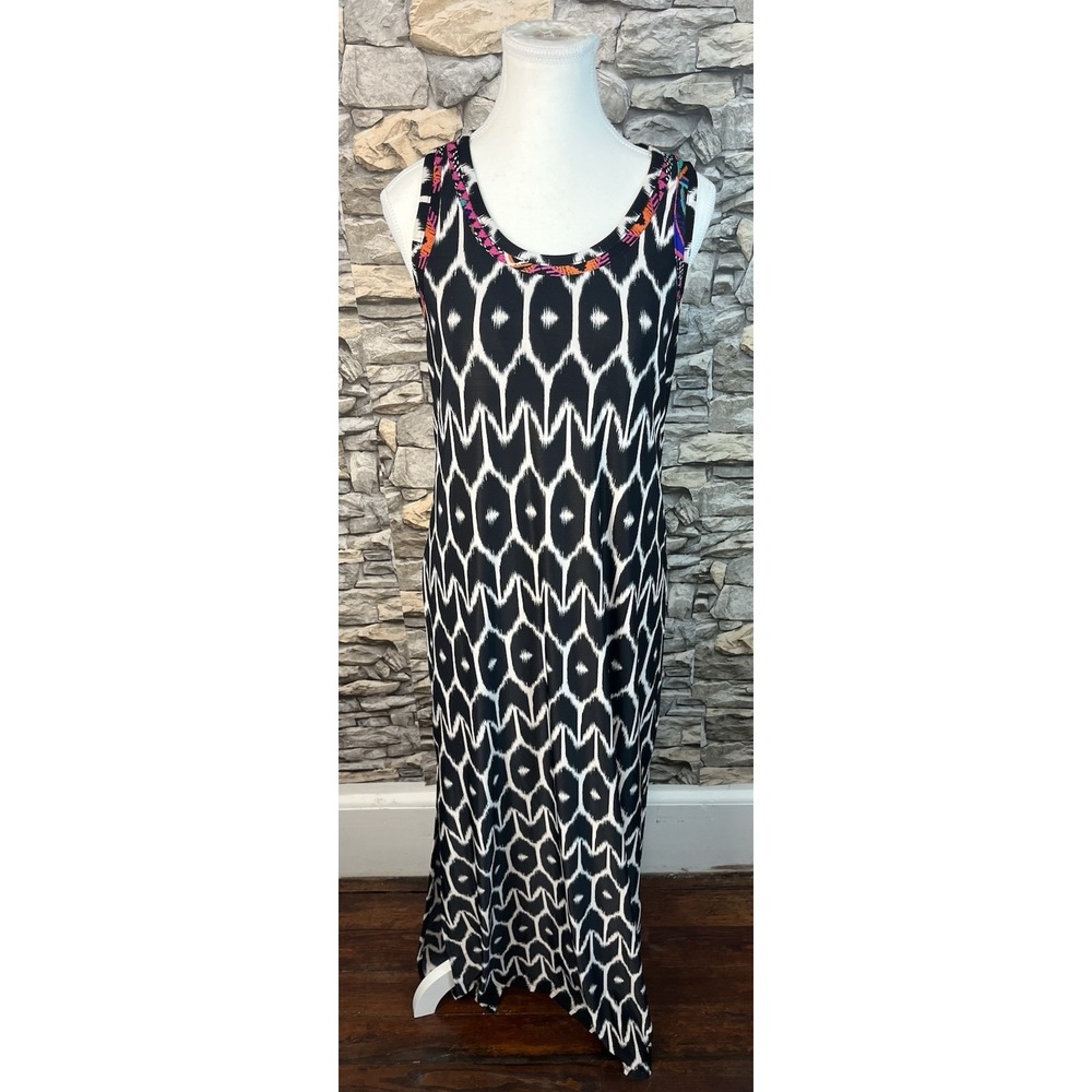 Trina Turk x INC S Black White Africana Ikat Print Maxi Knit Dress Built in Bra